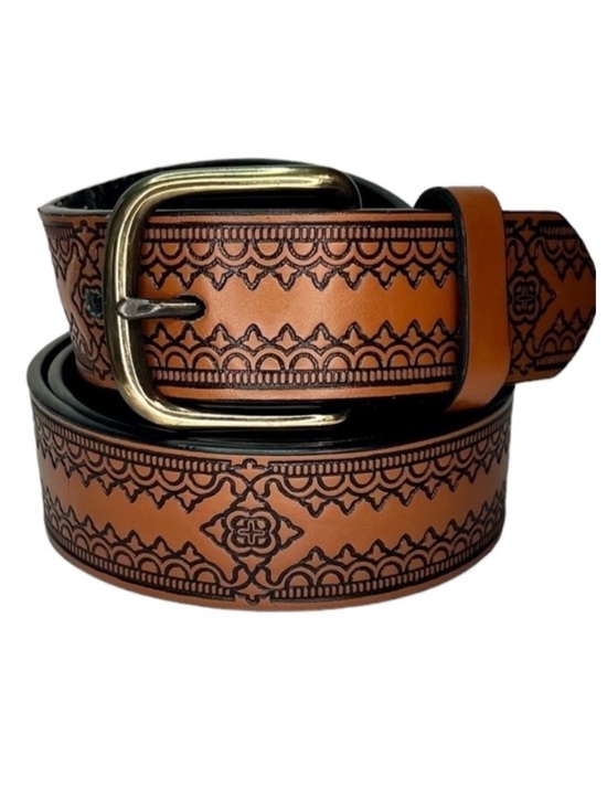 Brown Faux Leather Tooled Belt Vegan Casual Unisex